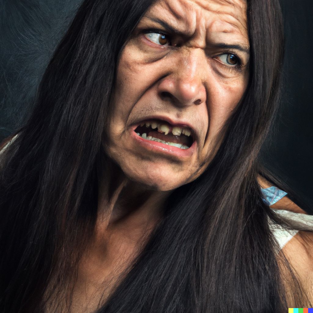 DALL·E 2022-08-17 10.39.40 – a portrait of a very old, fragile, brown Native American woman with long black hair experiencing extreme anger and hostility, agitation, frustration,