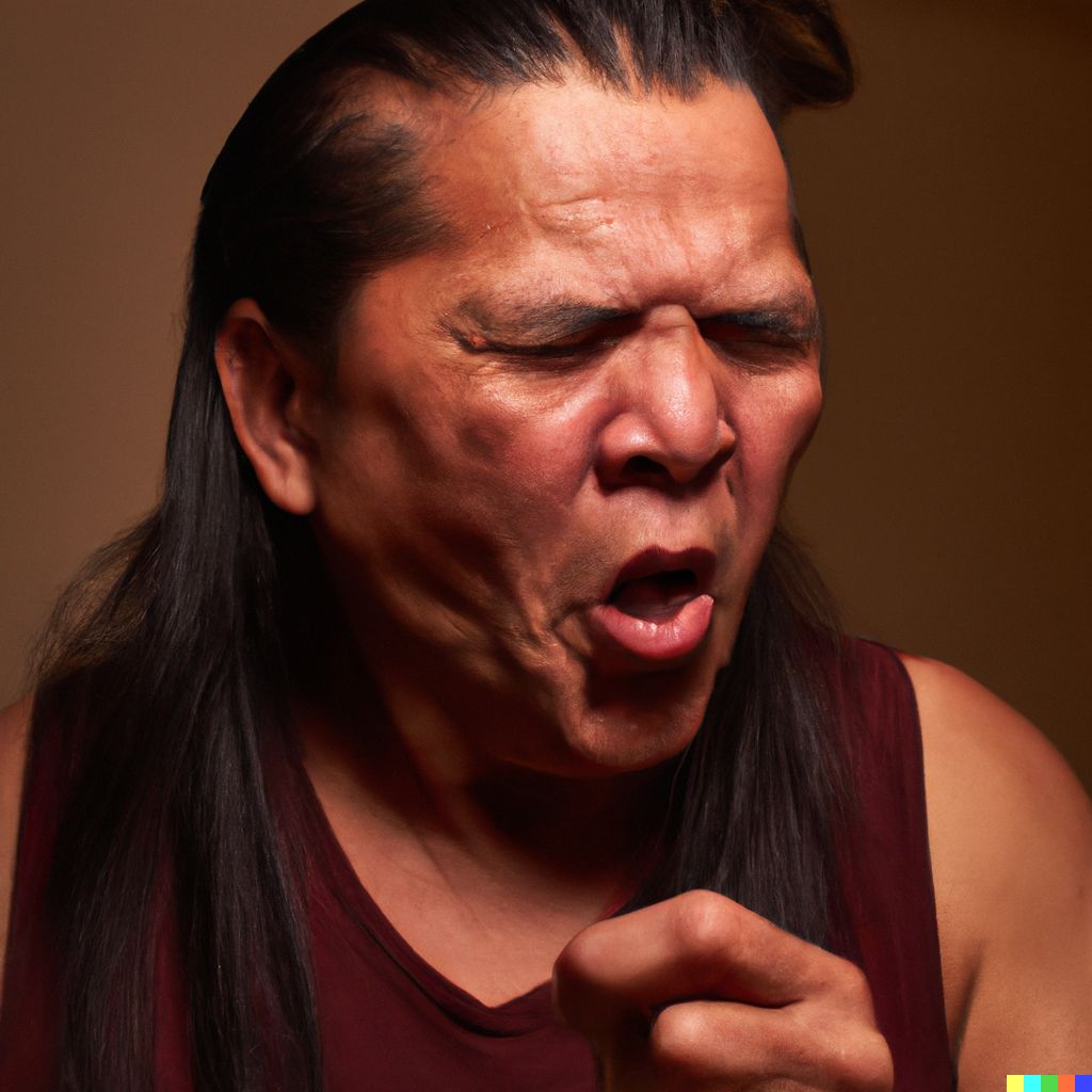 DALL·E 2022-08-17 11.08.04 – a portrait of a middle aged, built, brown, Native American Navajo man with pony tail experiencing extreme anger and hostility, agitation, frustration,